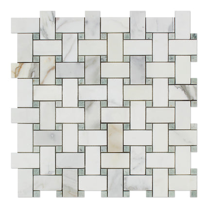 Calacatta Gold Marble Mosaic - Basket Weave with Ming Green Dots