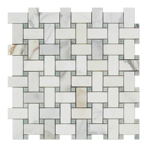 Calacatta Gold Marble Mosaic - Basket Weave with Ming Green Dots