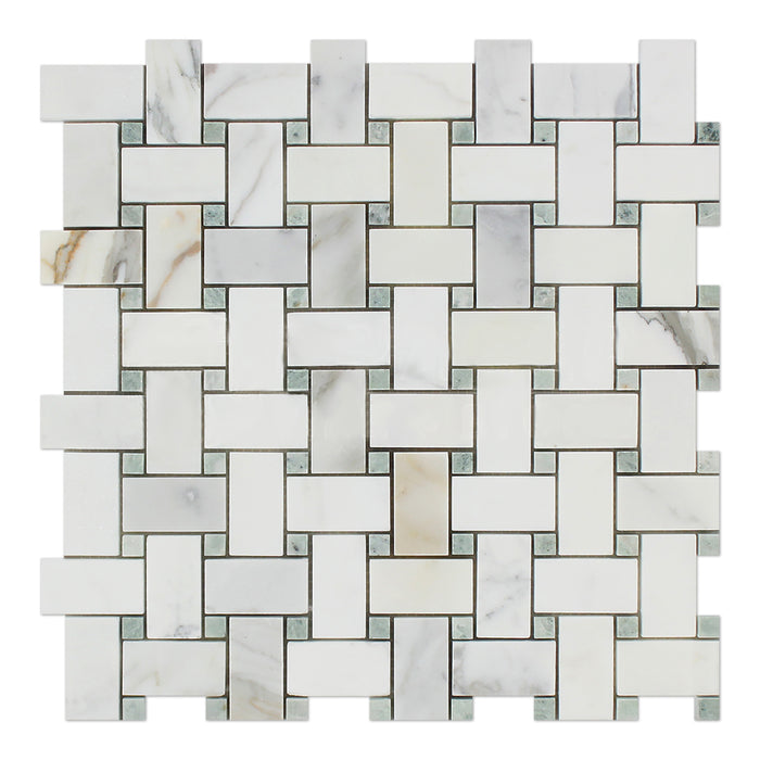Calacatta Gold Marble Mosaic - Basket Weave with Ming Green Dots Polished
