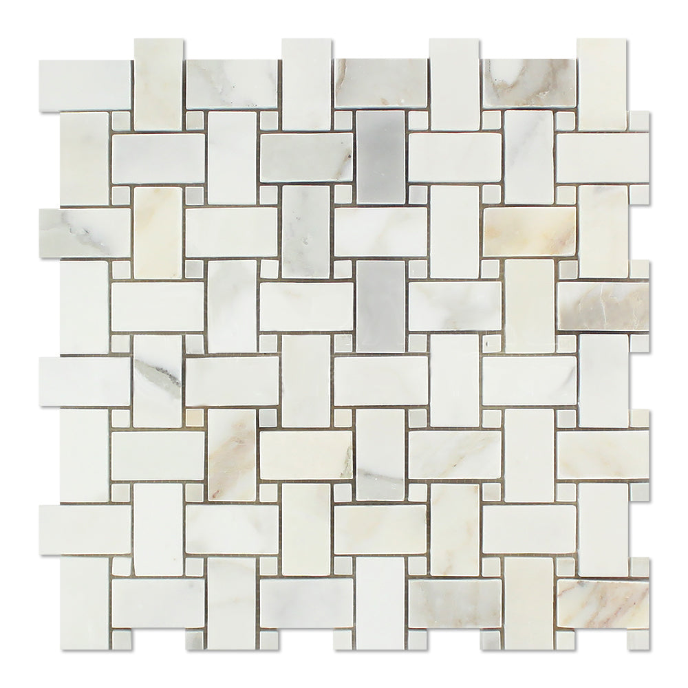 Calacatta Gold Marble Mosaic - Basket Weave with Calacatta Gold Dots Honed