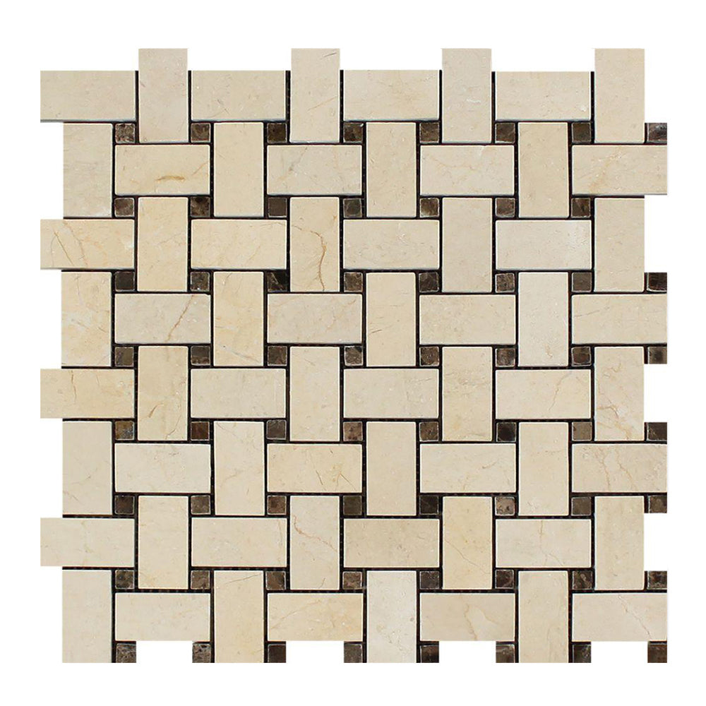Crema Marfil Marble Mosaic - Basket Weave with Emperador Dark Dots