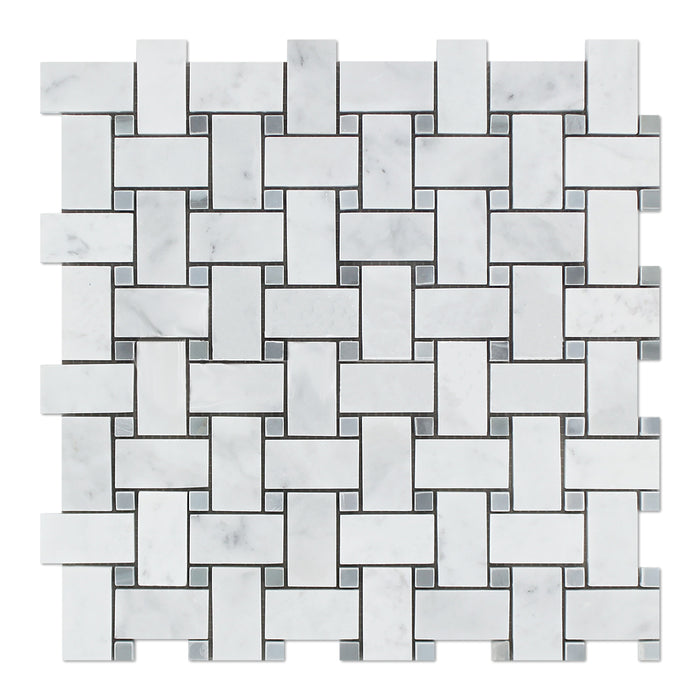 White Carrara Marble Mosaic - Basket Weave with Gray Dots Polished