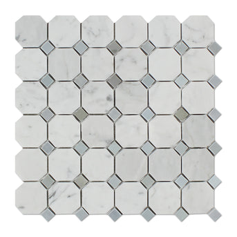 White Carrara Marble Mosaic - Octagon with Gray Dots Polished