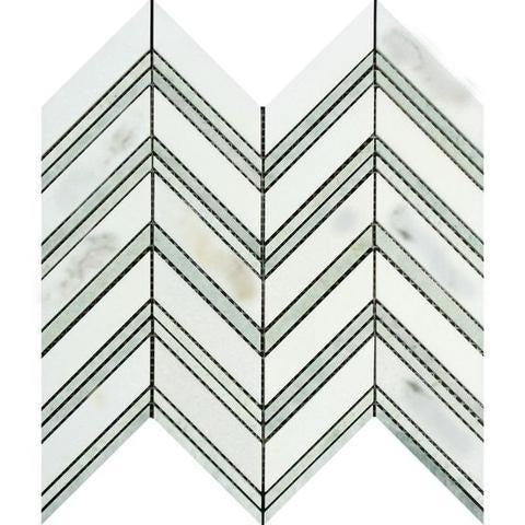 Calacatta Gold Marble Mosaic - Large Chevron with Ming Green Polished