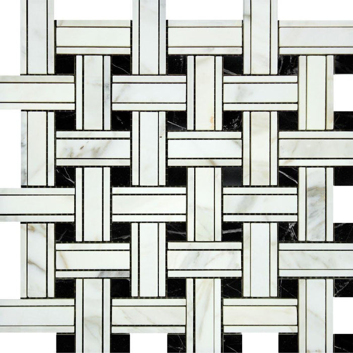 Calacatta Gold Marble Mosaic - Triple Weave with Black Dots Polished