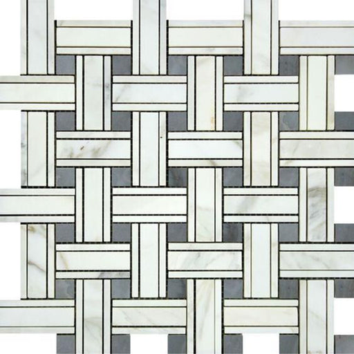 Calacatta Gold Marble Mosaic - Triple Weave with Gray Dots Honed