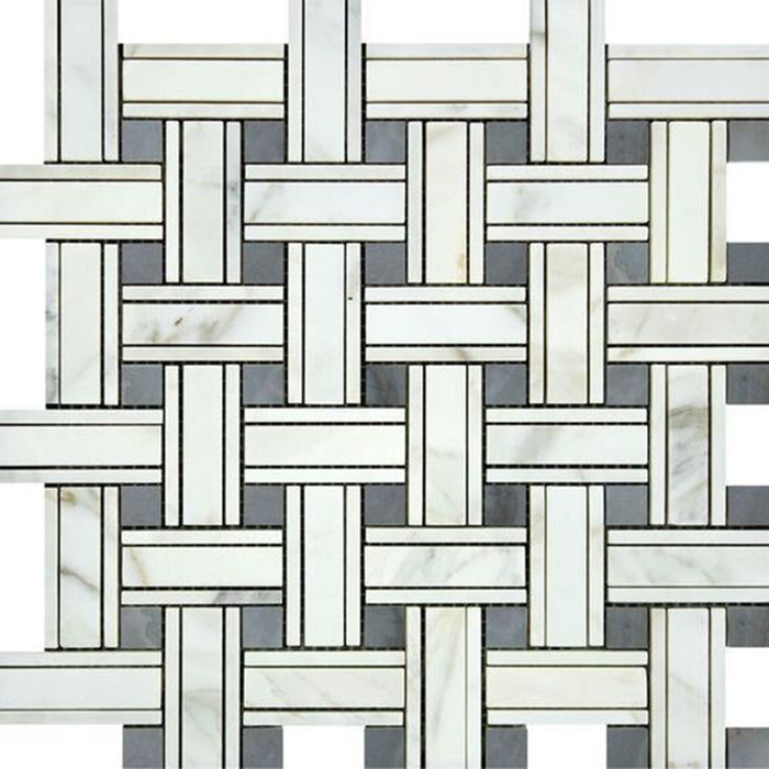 Calacatta Gold Marble Mosaic - Triple Weave with Gray Dots Honed