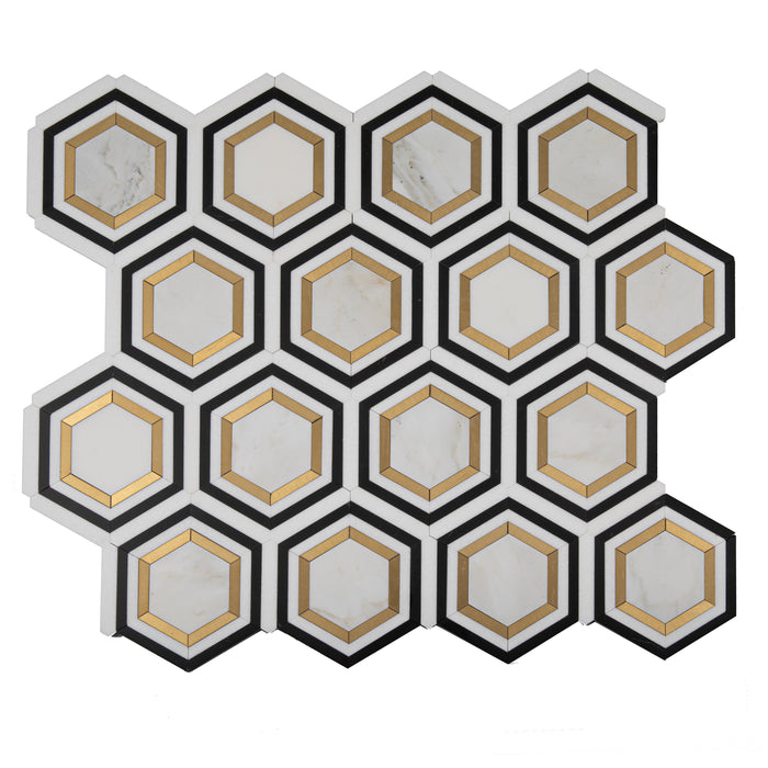 Calacatta Gold Polished Marble Mosaic - 3" Vortex Hexagon with Black & Brass x 3/8"