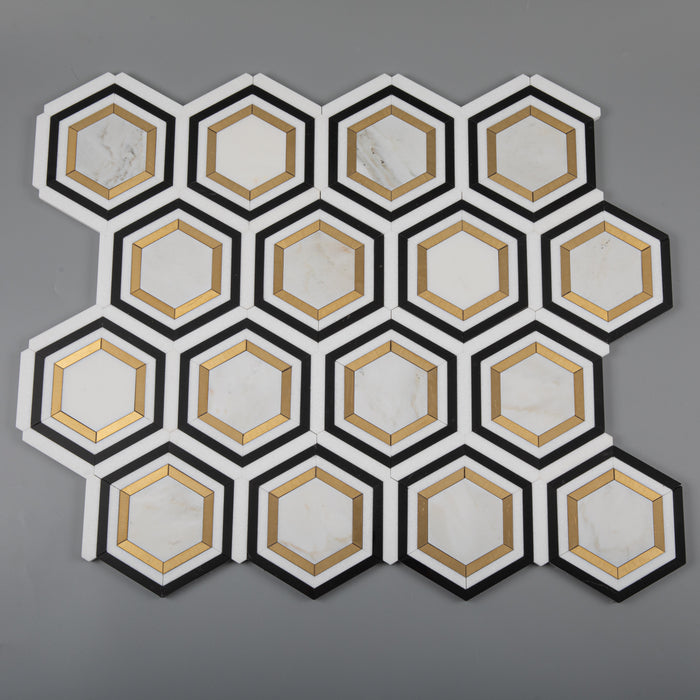 Calacatta Gold Polished Marble Mosaic - 3" Vortex Hexagon with Black & Brass