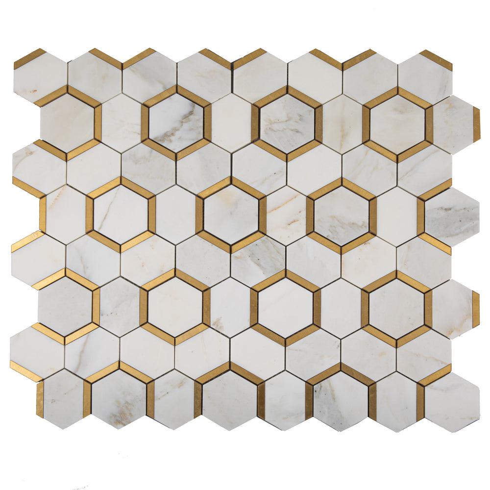 Calacatta Gold Polished Marble Mosaic - 3" Hexagon with Brass x 3/8"