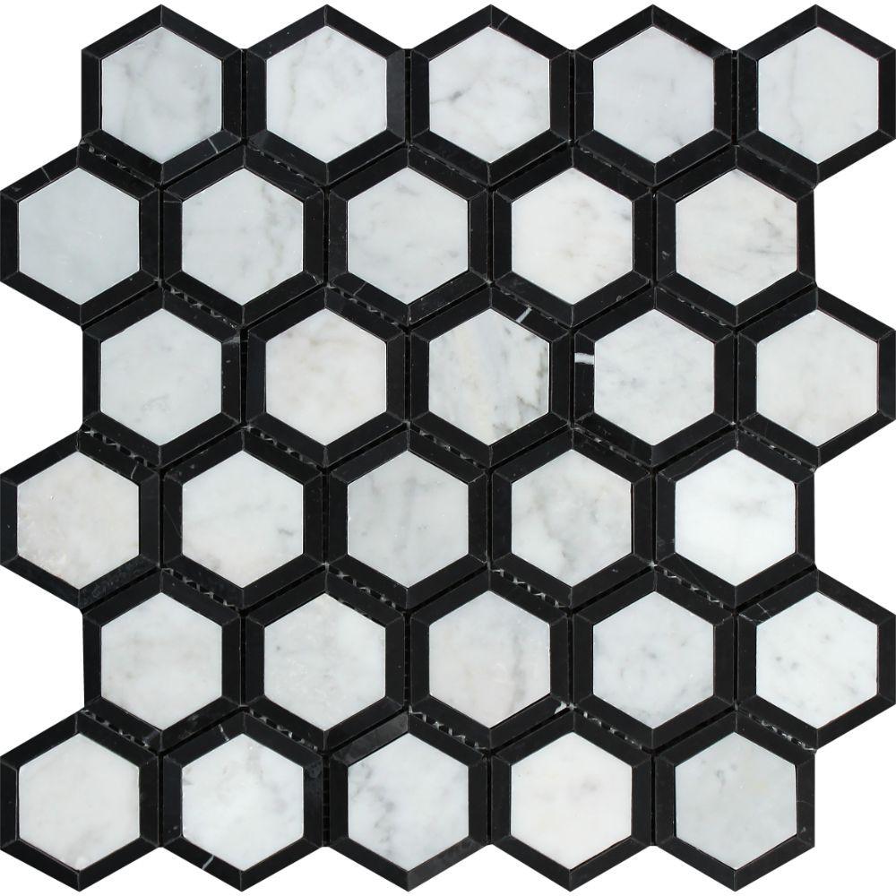 White Carrara Marble Mosaic - 2" x 2" Vortex Hexagon with Black Polished