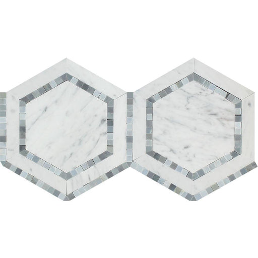 White Carrara Marble Mosaic - 5" Hexagon with Blue-Gray Polished