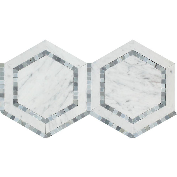 White Carrara Marble Mosaic - 5" Hexagon with Blue-Gray Polished