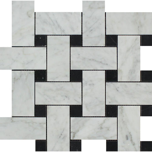 White Carrara Marble Mosaic - Large Basket Weave with Black Dots Polished