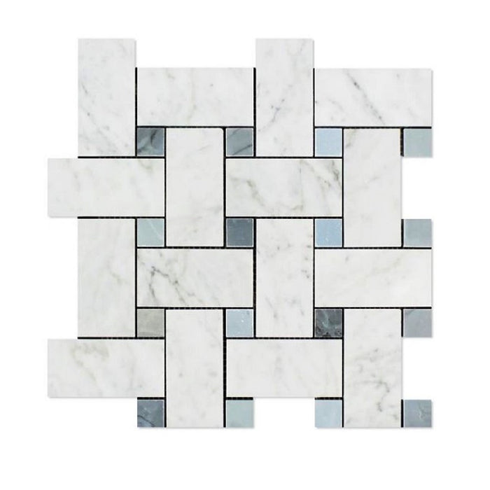 White Carrara Marble Mosaic - Large Basket Weave with Gray Dots