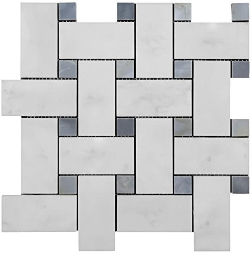 White Carrara Marble Mosaic - Large Basket Weave with Gray Dots Polished