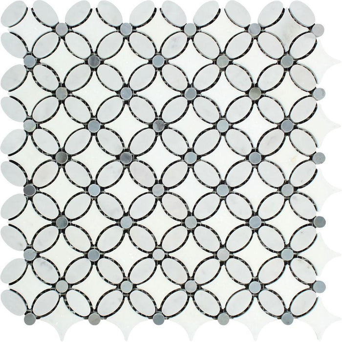 White Carrara Marble Mosaic - Flower with Blue-Gray Dots Polished