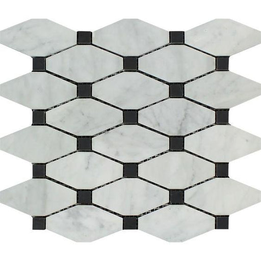 White Carrara Marble Mosaic - Elongated Octagon with Black Dots Polished