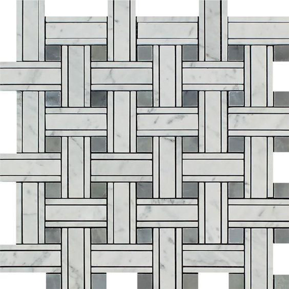 White Carrara Marble Mosaic - Triple Weave with Gray Polished