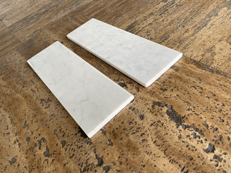 Honed White Carrara Long Side Single Edge Bullnosed Marble Tile - 4" x 12" x 3/8"