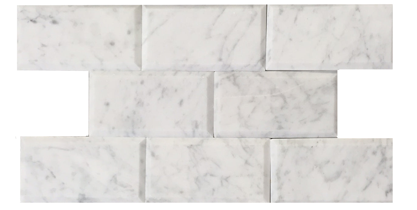 Full Tile Sample - White Carrara Beveled Marble Tile - 3" x 6" x 3/8" Polished