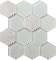 Full Sheet Sample - Metropolitan Carrara Deco Hexagon Stone & Glass Mosaic - 8.75" x 10.25" Polished