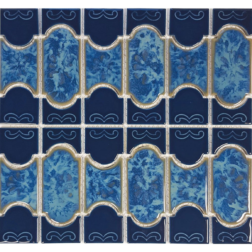 Full Sheet Sample - Aquatica Botanical Caribbean Blue Porcelain Mosaic - 6" x 6" Glossy