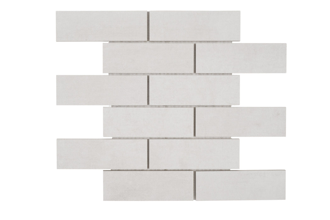 Full Sheet Sample - Fusion Fabric Chalk Staggered Porcelain Mosaic - 2" x 6" x 8 MM Matte