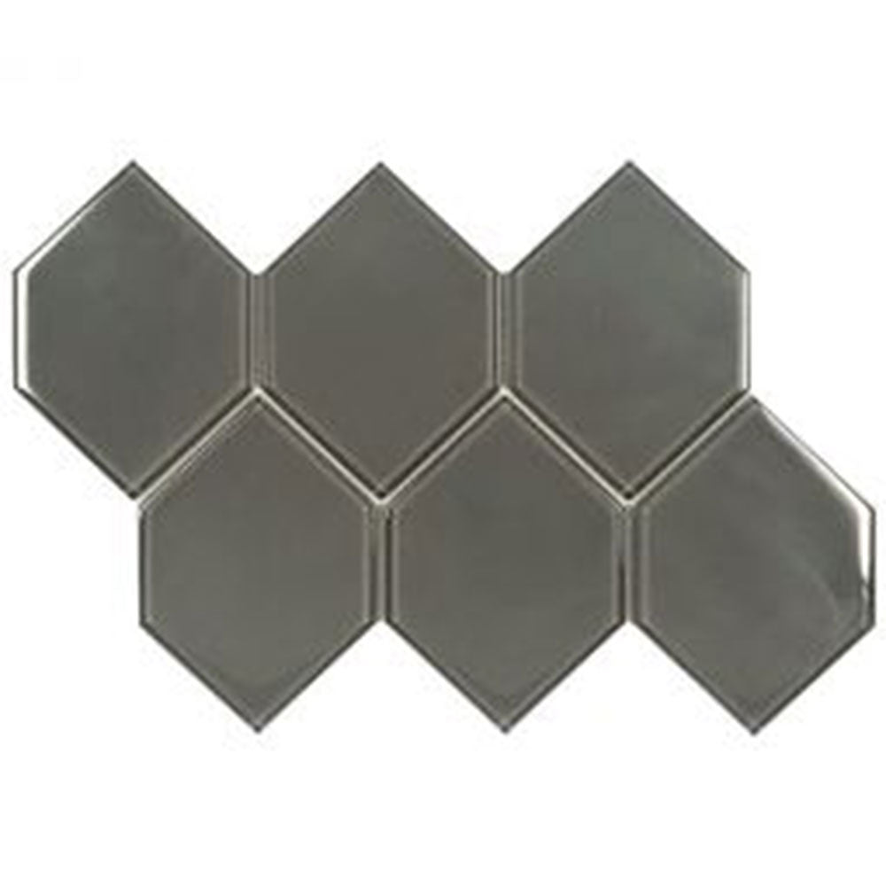 Full Sheet Sample - Aquatica Earth Charcoal Deco Hexagon Glass Mosaic - 4" x 6" Glossy