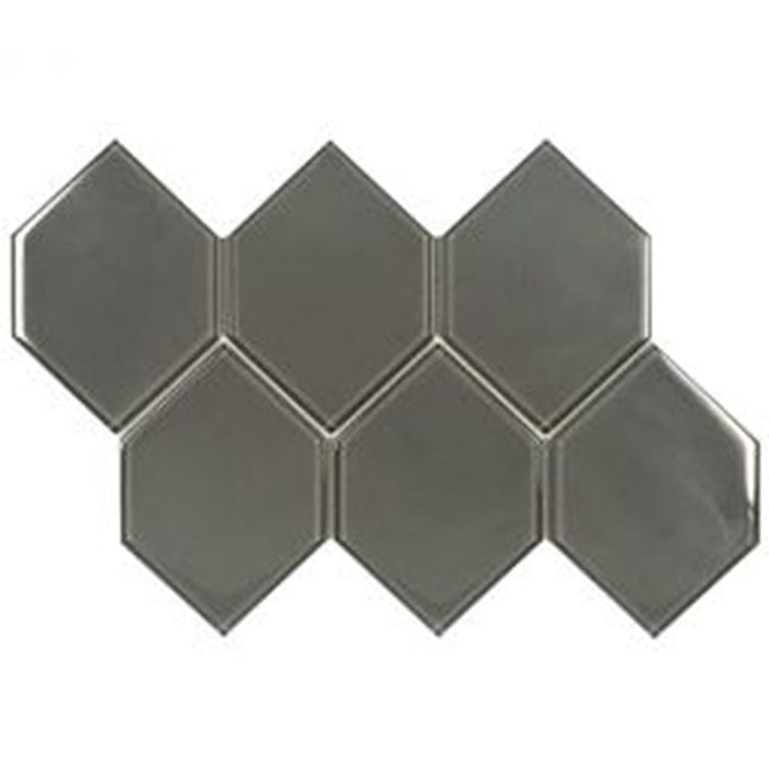 Full Sheet Sample - Aquatica Earth Charcoal Deco Hexagon Glass Mosaic - 4" x 6" Glossy