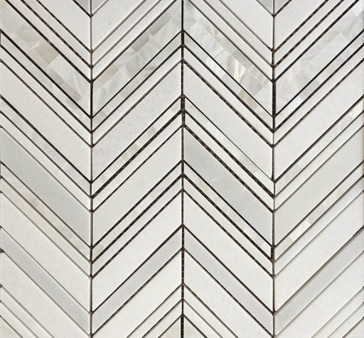 Full Sheet Sample - Thassos / Chinese / Pure White / Mother of Pearl Chevron Pearl & Marble Mosaic - 10.82" x 12" x 3/8" Polished