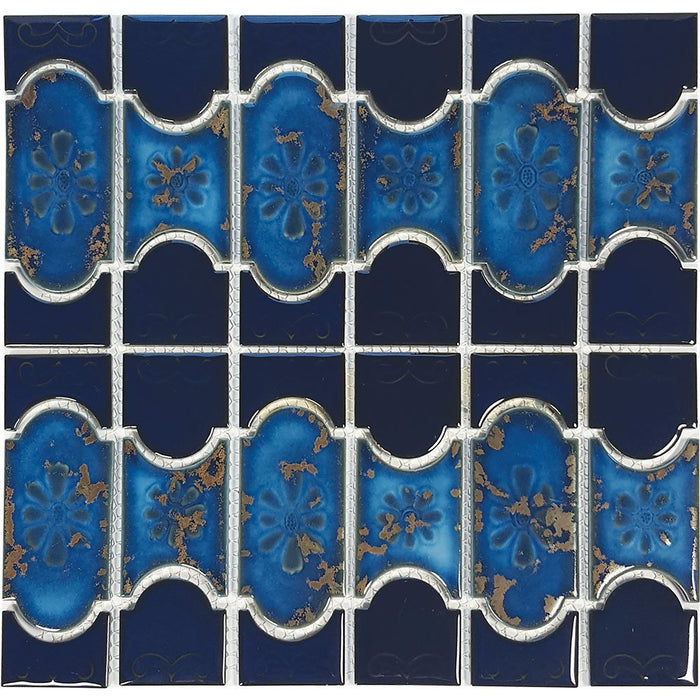 Full Sheet Sample - Aquatica Botanical Cobalt With Terra Porcelain Mosaic - 6" x 6" Glossy