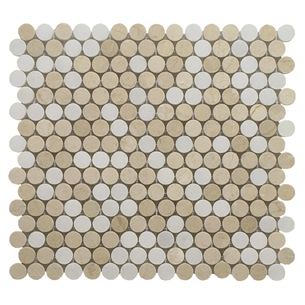 Crema Marfil & Arctic White Marble Mosaic - 3/4" Penny Round