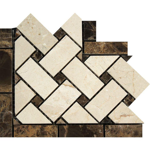 Crema Marfil Marble Border - Basketweave Border Corner with Emperador Dark Dots Polished