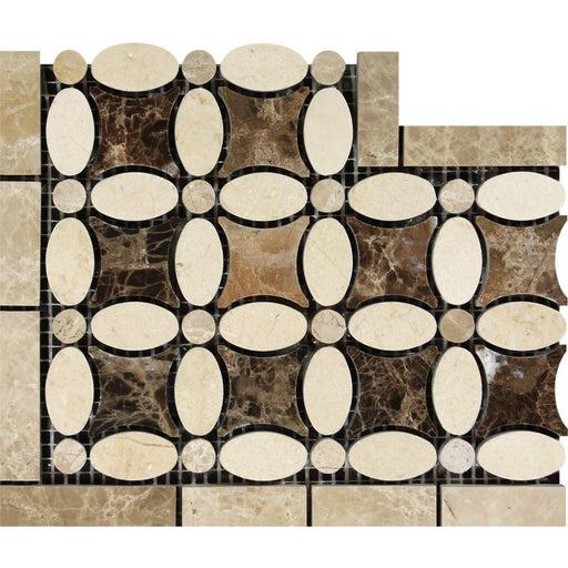 Crema Marfil Marble Border - Flower Border Corner with Emperador Light & Emperador Dark Polished