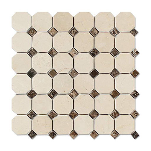 Crema Marfil Marble Mosaic - Octagon with Emperador Dark Dots Polished