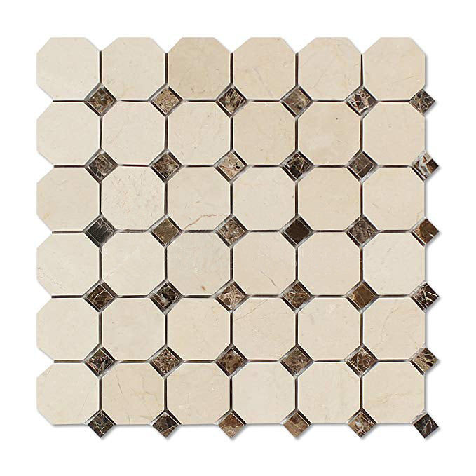 Crema Marfil Marble Mosaic - Octagon with Emperador Dark Dots Polished