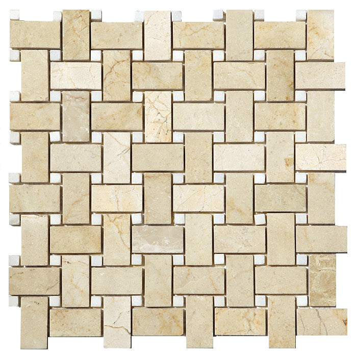 Crema Marfil Marble Mosaic - Basket Weave with White Dots