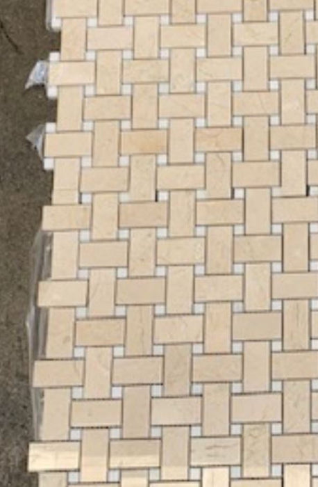 Crema Marfil Marble Mosaic - Basket Weave with White Dots Polished