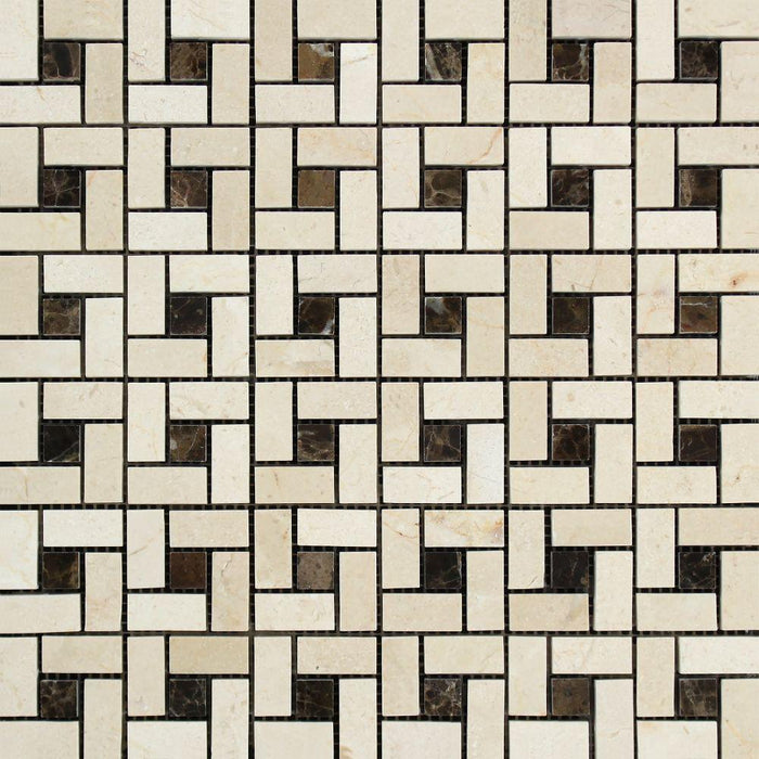 Crema Marfil Marble Mosaic - 5/8" x 1 1/4" Pinwheel with Emperador Dark Dots