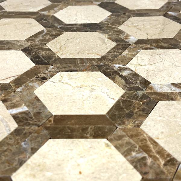 Crema Marfil Marble Mosaic - 2" Vortex Hexagon with Emperador Dark Dots Polished