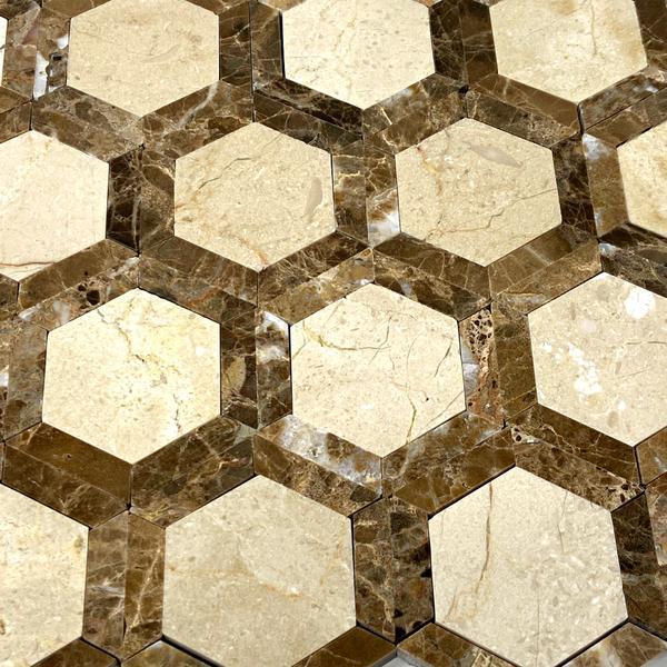 Crema Marfil Polished Marble Mosaic - 2" Vortex Hexagon with Emperador Dark Dots