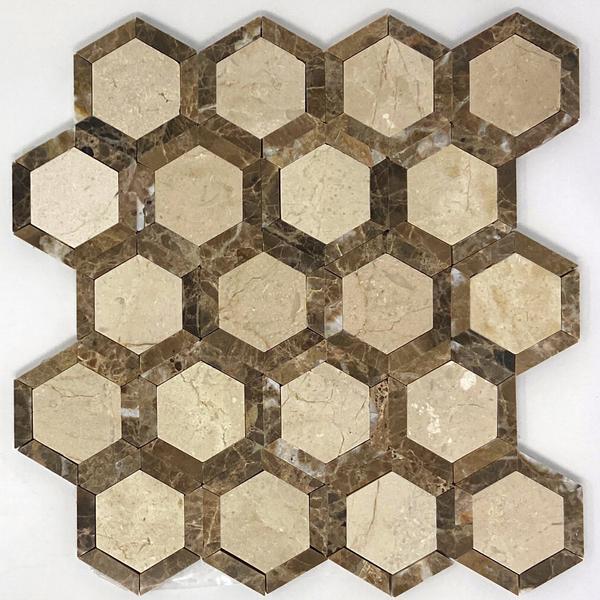 Crema Marfil Marble Mosaic - 2" Vortex Hexagon with Emperador Dark Dots