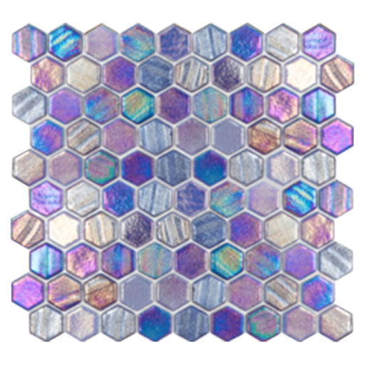 Full Sheet Sample - Illusions Dark Blue Deco Hexagon Glass Mosaic - 1" x 1" x 4 MM Iridescent