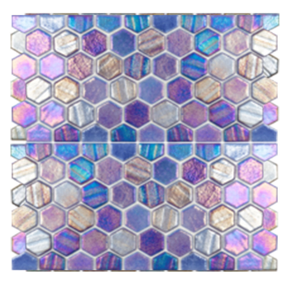 Full Sheet Sample - Illusions Dark Blue With Border Deco Hexagon Glass Mosaic - 1" x 1" x 4 MM Iridescent