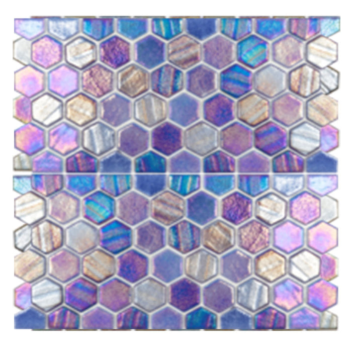 Full Sheet Sample - Illusions Dark Blue With Border Deco Hexagon Glass Mosaic - 1" x 1" x 4 MM Iridescent