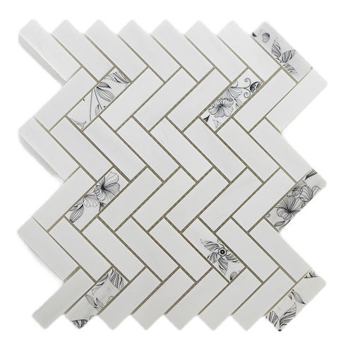 Full Sheet Sample - Bianco Dolomite Herringbone with Black Flower Marble Mosaic - 1" x 3" x 3/8" Honed