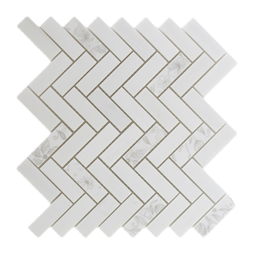 Full Sheet Sample - Bianco Dolomite Herringbone with White Flower Marble Mosaic - 1" x 3" x 3/8" Honed