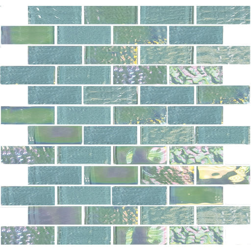 Full Sheet Sample - Aquatica Nautical Emerald Green Staggered Glass Mosaic - 1" x 3" x 6 MM Iridescent