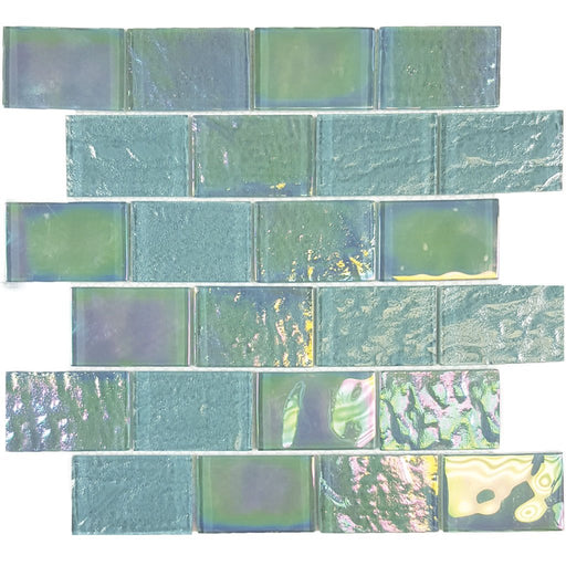 Full Sheet Sample - Aquatica Nautical Emerald Green Staggered Glass Mosaic - 2" x 3" x 6 MM Iridescent